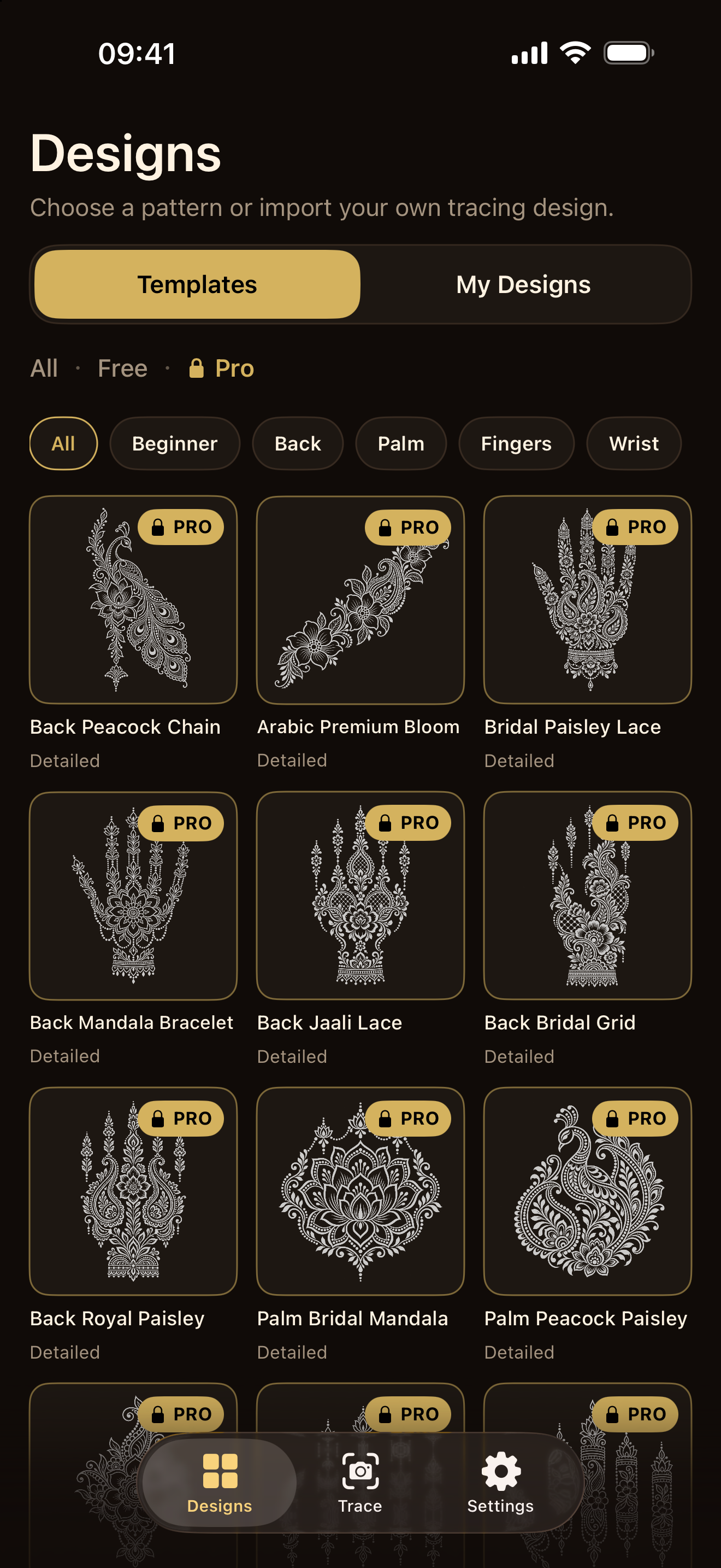 HennaTrace Pro designs marked as premium in the app